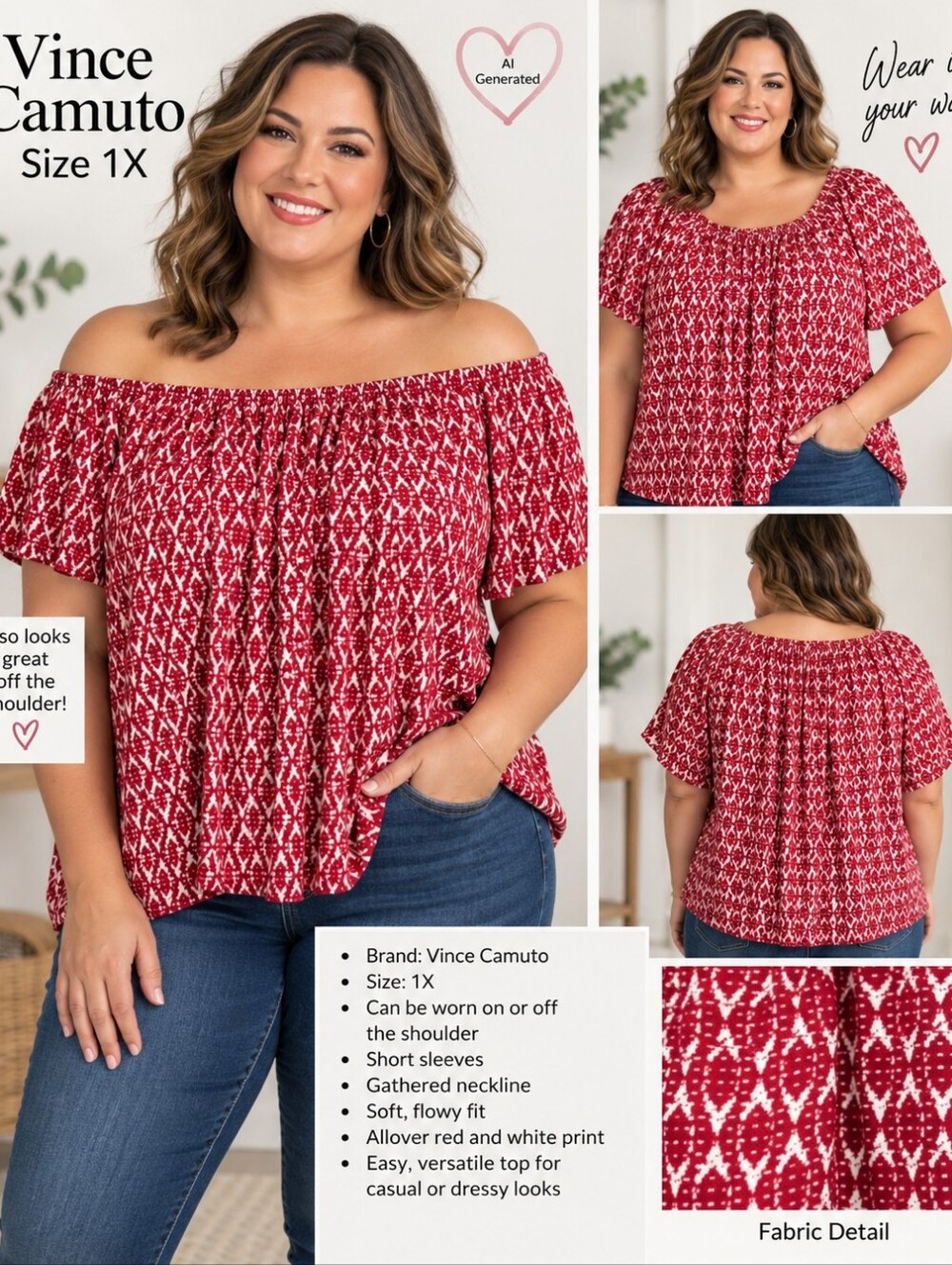 Vince Camuto Burgundy Patterned Women's Top